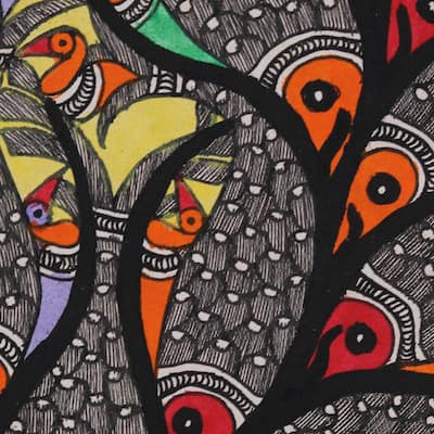 Handmade Fish & Bird Harmony Madhubani painting (India)