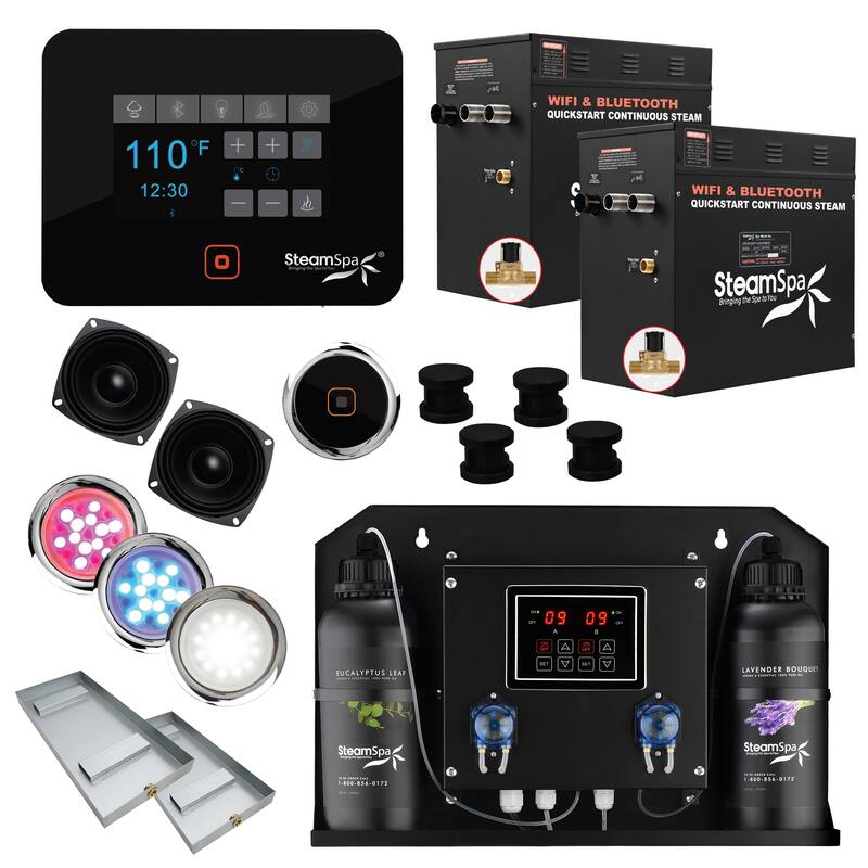 Black Series WiFi and Bluetooth 2 x 10.5kW QuickStart Steam Bath Generator Package with Dual Aroma Pump in Matte Black - Matte Black