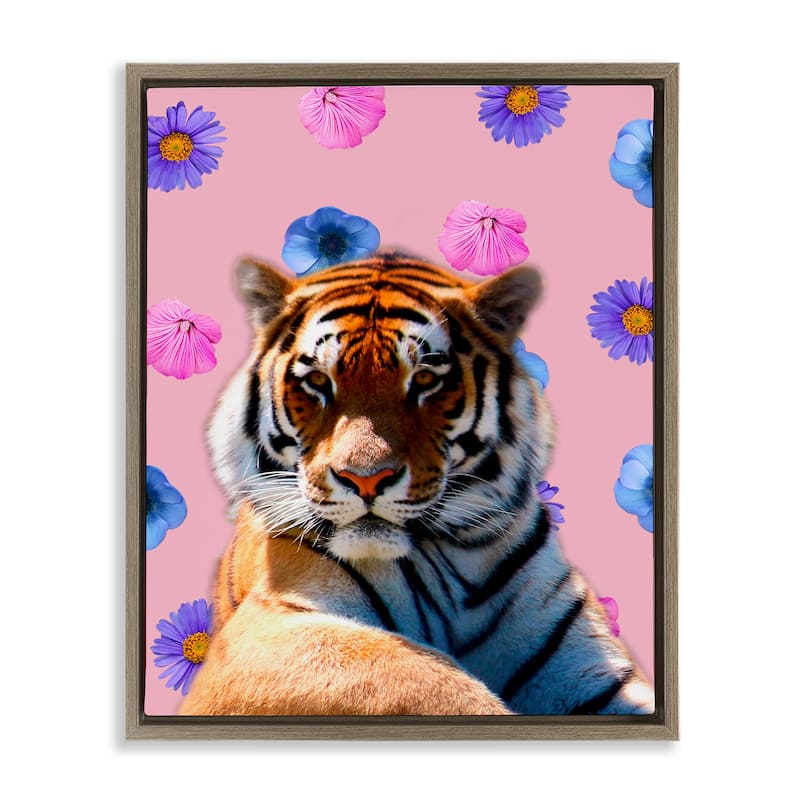 Stupell Floral Safari Tiger Framed Floater Canvas Wall Art Design By Marcus Prime - 25 x 31 - Brown