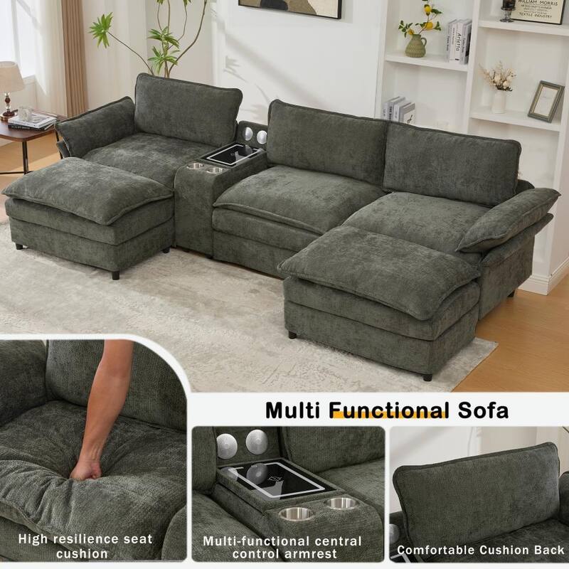 Modern Modular Sectional Sofa with Storage Console and Wireless Charging, Ottomans