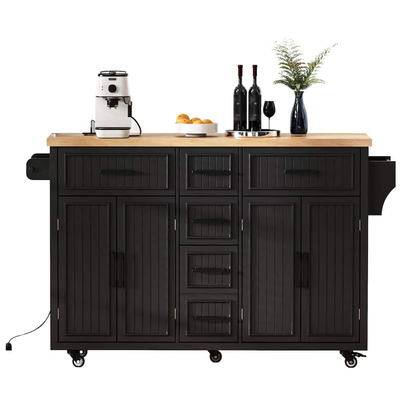 Rolling Kitchen Island with Drop Leaf & Power Outlet, Mobile Kitchen Cart on Wheels, Coffee Bar Cabinet with 4 Doors & 5 Drawers