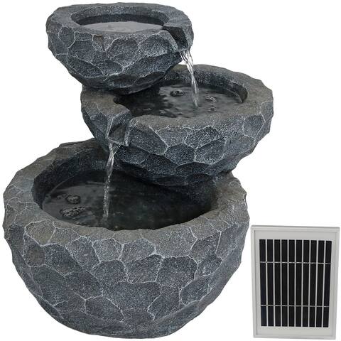 Outdoor 3-Tier Chiseled Basin Solar Powered Water Fountain with Battery Backup and Submersible Pump - 22"