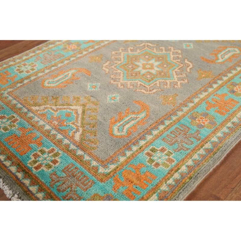 Gray Geometric Kazak Accent Rug Hand-Knotted Geometric Wool Carpet - 2'1"x 2'10"