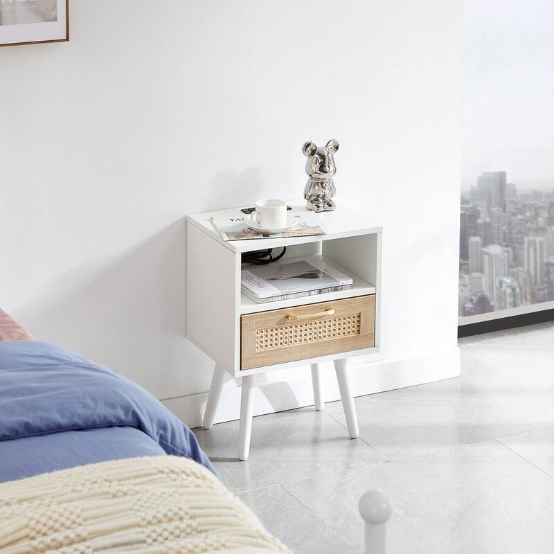 Mid-Century End Table with Drawer and Charging Station Rattan Nightstand-White