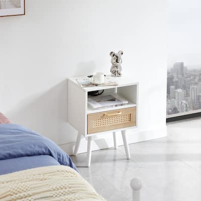 Mid-Century End Table with Drawer and Charging Station Rattan Nightstand-White