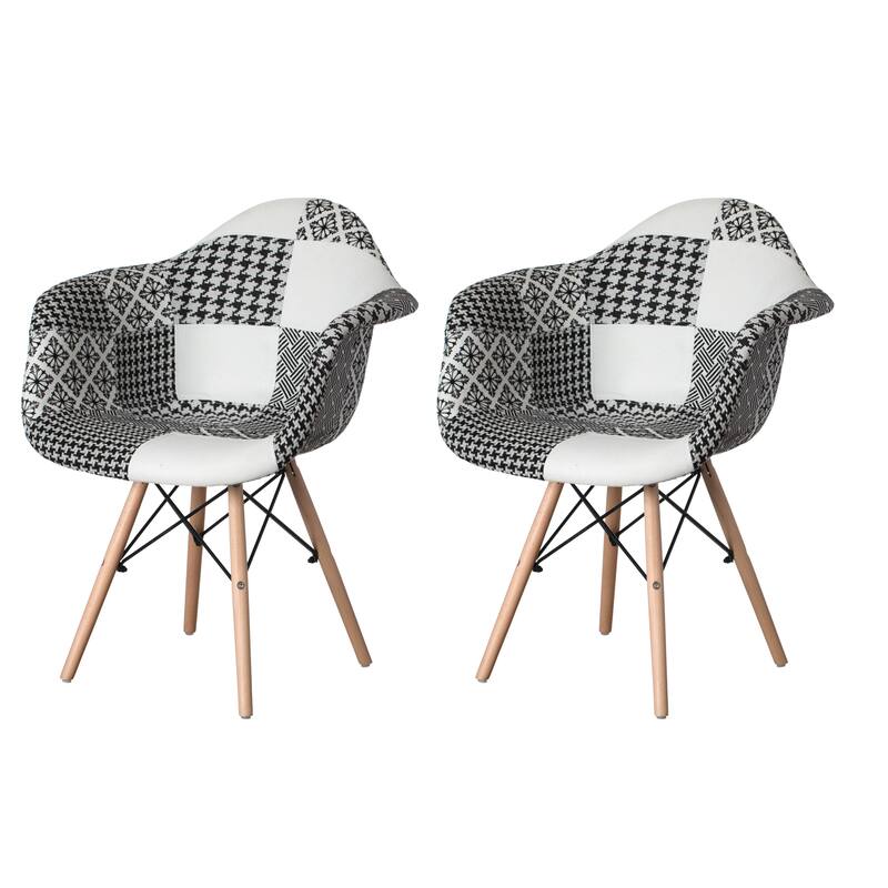 Mid-Century Modern Style Fabric Lined Armchair with Beech Wooden Legs - Black & White Set of 2 