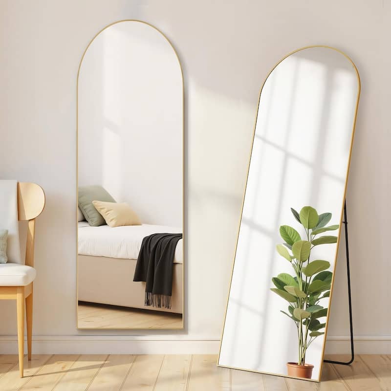 Arched Mirror Full Length, Upgraded 16"x59" Body Wall Mirrors with Shatter-Proof Glass, Floor Standing, Hanging or Leaning - Gold