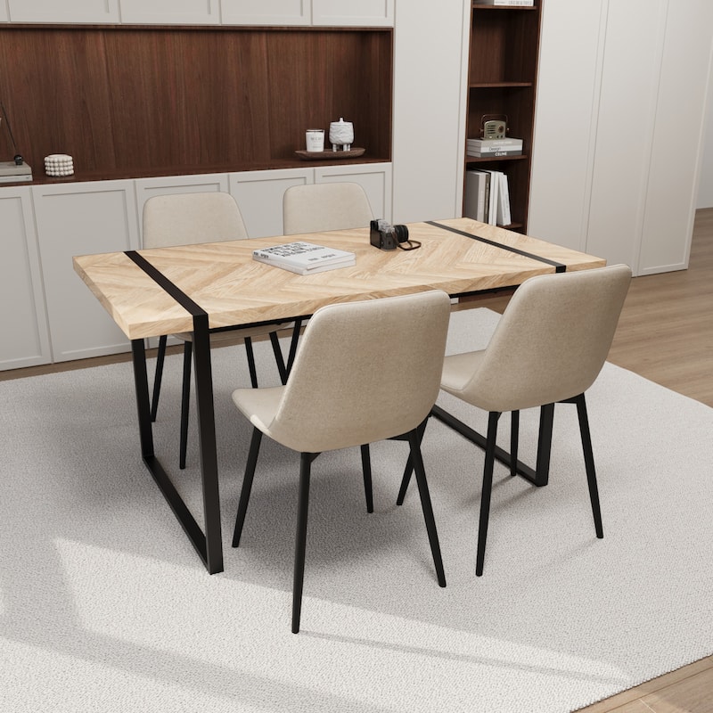 Modern 5-Piece Dining Set with Light Wood Rectangular Metal Base Table & 4 Square Corner Suede Chairs