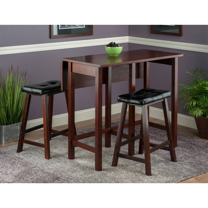Space Saving 3 Pc Dining Table Set with Drop Leaf and Cushioned Bar Stools - 39.37 x 30 x 35.43 inches - Walnut