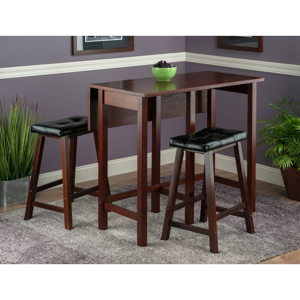 Space Saving 3 Pc Dining Table Set with Drop Leaf and Cushioned Bar Stools - 39.37 x 30 x 35.43 inches