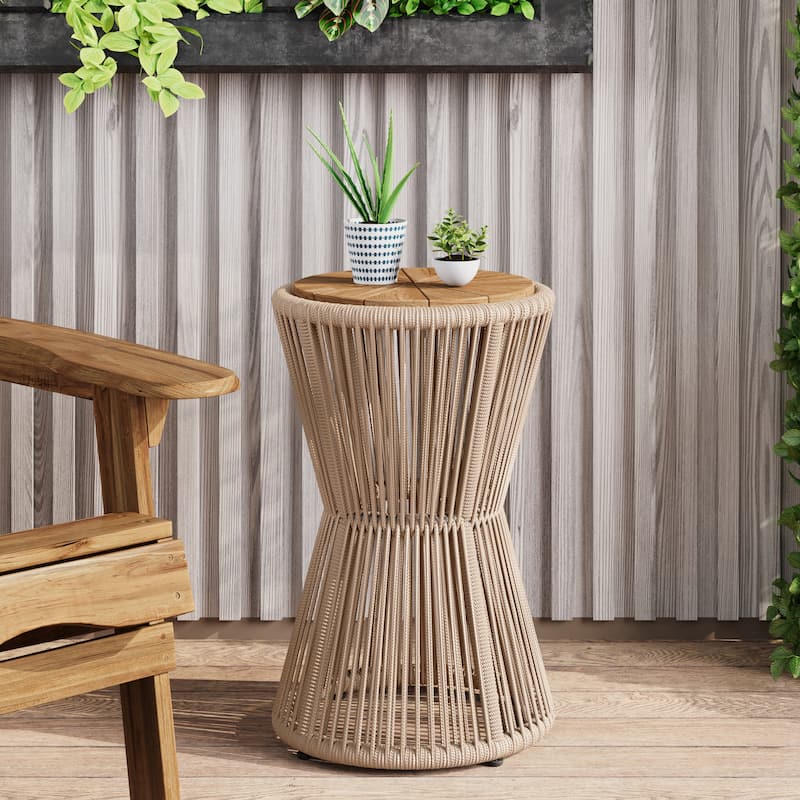 Scott Living - Nara 25.8"H Modern Outdoor Acacia Wood and Woven Rope Side Table, Tapered Cylindrical Silhouettes Design - Beige,Light Teak finish