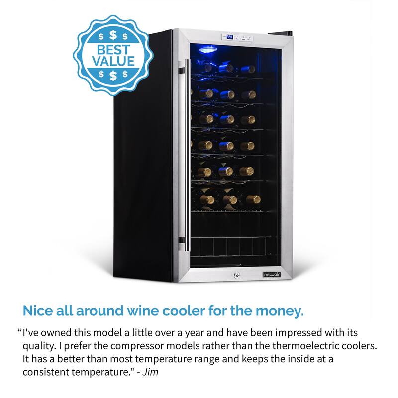 Newair Freestanding 27 Bottle Wine Fridge in Stainless Steel, Adjustable Chrome Racks and Exterior Digital Thermostat