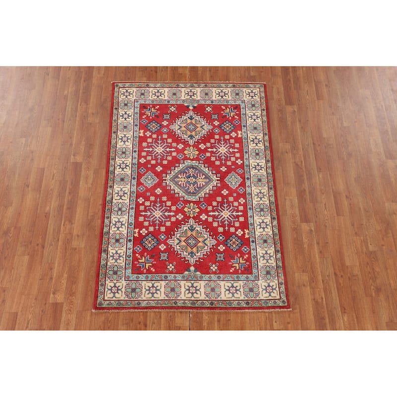 Geometric Red Kazak Oriental Area Rug Bedroom Hand-Knotted Wool Carpet - 3'11"x 6'0"
