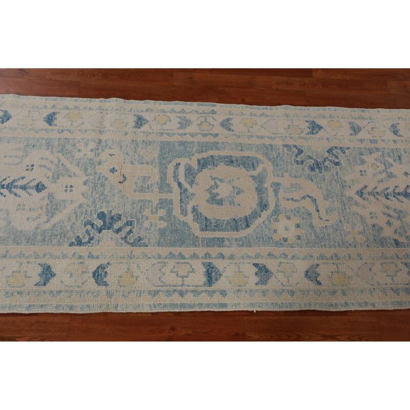 Hand Knotted Oriental 100% Wool Carpet Transitional Geometric Navy Blue & Blues Oushak Runner Rug - 12' 10'' X 3' 0''