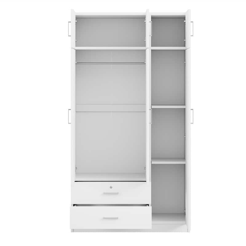 3 Door Wardrobe Closet with Mirror & Top Cabinet, Bedroom Armoire w/ 2 Drawers & Shelves, Modern Storage Cabinet w/ Hanging Rod
