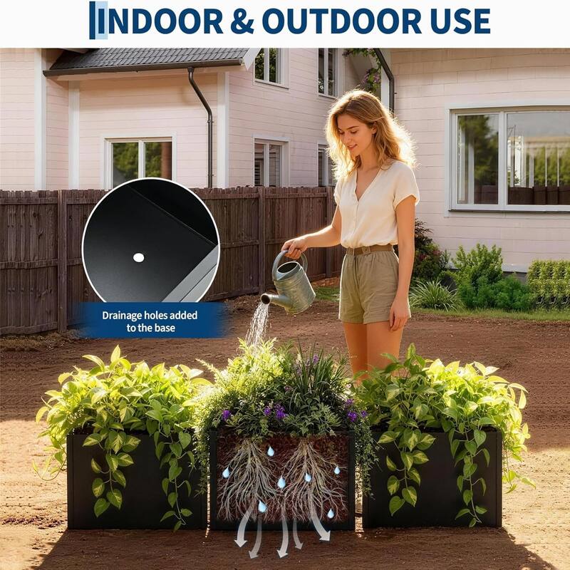 18x18x12 in Snap-Together Metal Raised Garden Bed Modern Black Square Planter With Base
