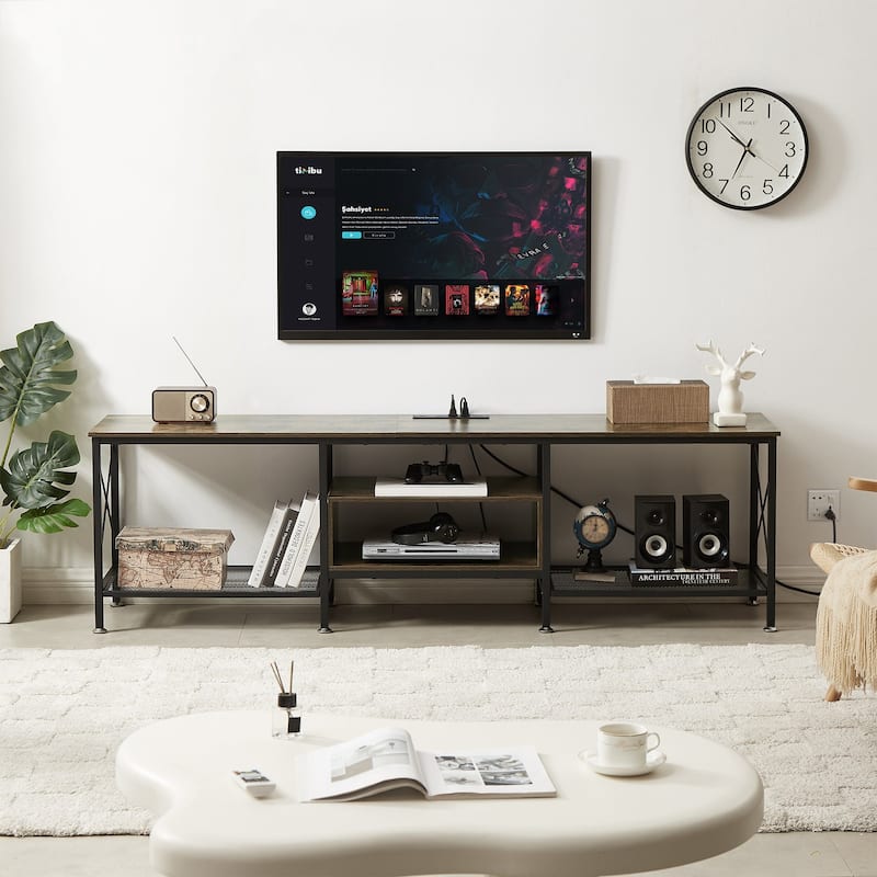 VECELO Wood TV Stand with Charging Station,Storage Shelves Entertainment Center TV Cabinet