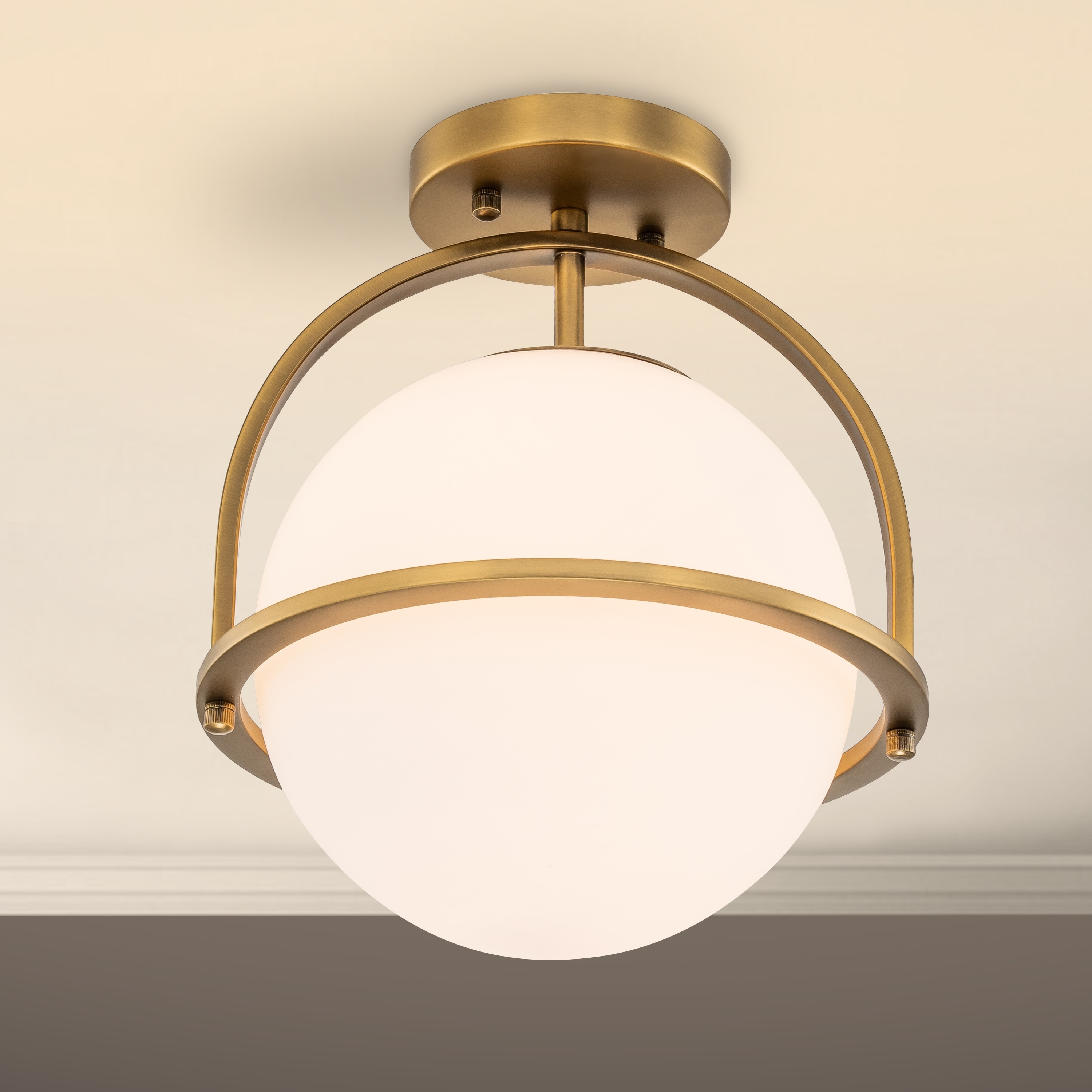 Sputnik semi flush mount with sphere opal glass store shade post modern semi flush ceiling light in brass