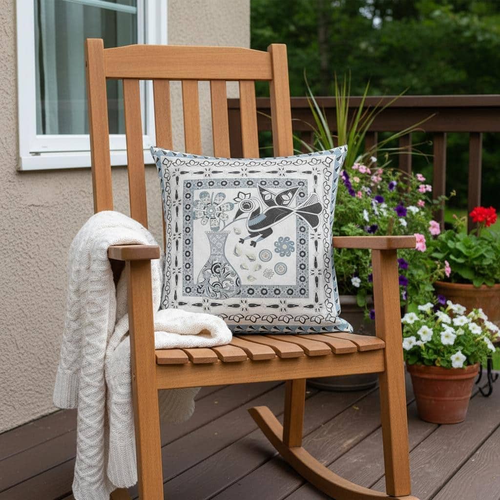 HomeRoots 18" x 18" Blue and White Bird Blown Seam Floral Indoor Outdoor Throw Pillow - 18.00' X '5.00' X '18.00