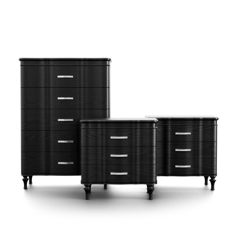 Furniture of America Seabliss Glam 3-Piece Black Solid Wood Chest and 2-Nightstand Bedroom Set