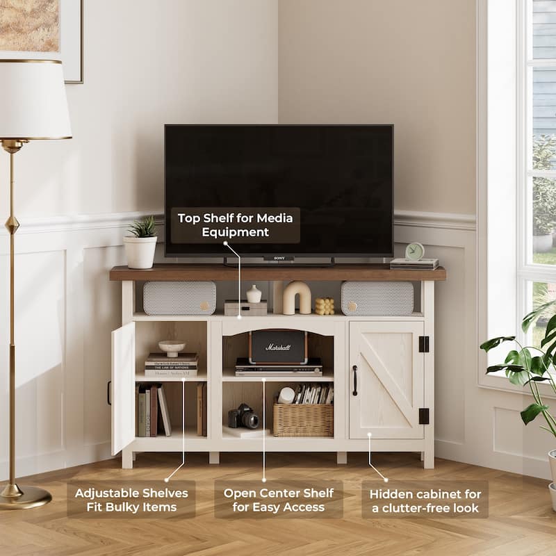 Farmhouse Corner TV Stand for TVs up to 60", Entertainment Center with Storage Cabinets - 31.81'' H X 54.02'' W X 15.35'' D