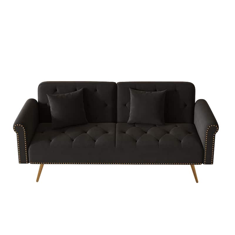 A 69.7-Inch-Long Sofa Bed Covered In Velvet Fabric, Featuring Nail Head Trim And Accompanied By A Matching Throw Pillow