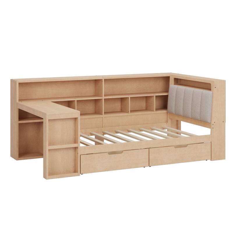 L-shaped Wooden Sofa Daybed with Desk, Bookcase Cabinet, Corner Bed with Under-bed Drawers, Upholstered Headboard Built-in Light