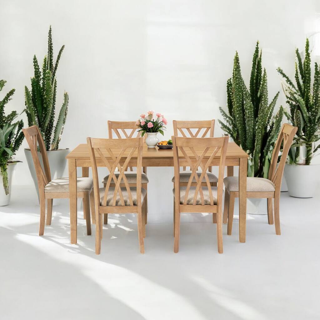 Modern 7-Piece Dining Table Set with 6 Wooden Chairs, 60" Rectangular Oak Table, Solid Wood Kitchen & Dining Room Furniture