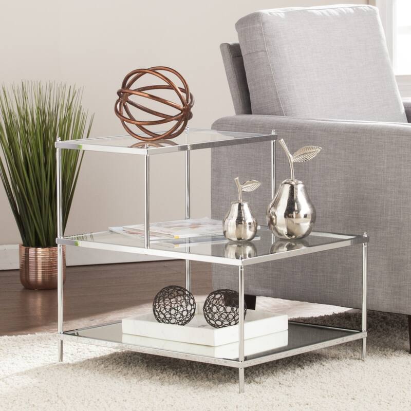 24" Modern Chrome Finish Glass Top Side Table Silver Mirrored Accent Table for Bedroom or Entryway - 23.75”H x 20.5”W x 24”L