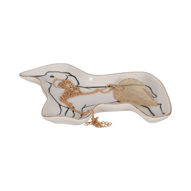Sagebrook Home Dog and Cat Trinket Tray With Gold Detail, White/Black