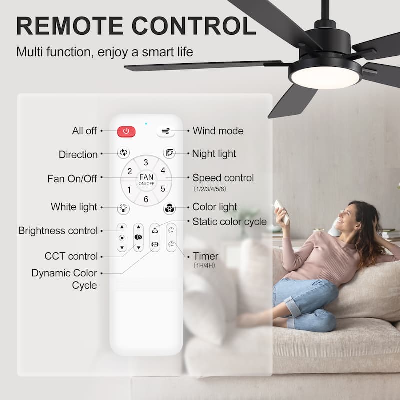 52" Black 5-Blade Integrated LED Ceiling Fan with Light and Remote