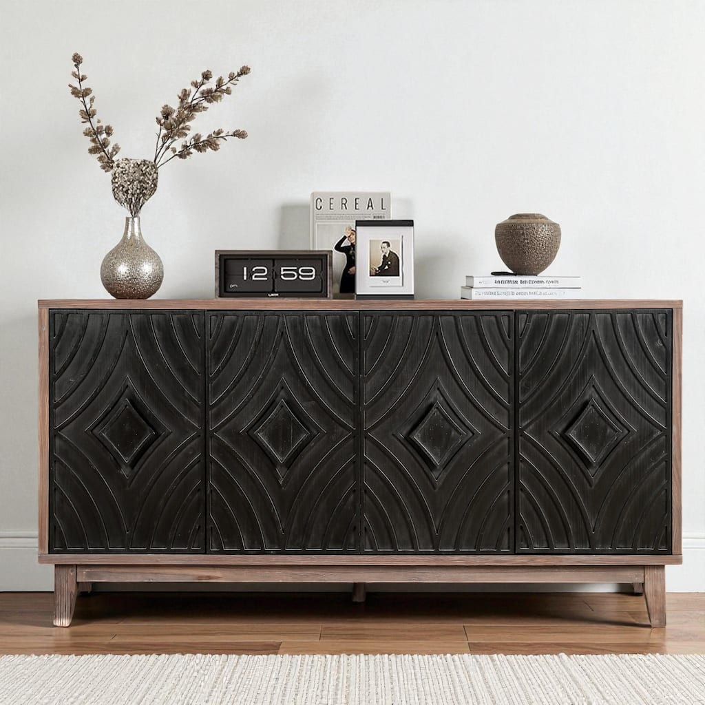 60" Mid Century Modern Sideboard Buffet Cabinet with Diamond Pattern Doors, Solid Wood Legs, Storage Credenza for Living Room
