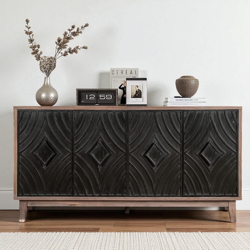 60" Mid Century Modern Sideboard Buffet Cabinet with Diamond Pattern Doors, Solid Wood Legs, Storage Credenza for Living Room - Black