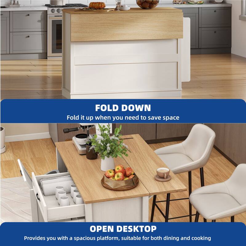 Moasis Rolling Portable Kitchen Island With Trash Can Storage Cabinet and Drawer&Floating Tabletop
