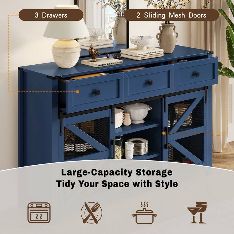 55" Sliding Barn Door Sideboard Buffet Cabinet with 3 Drawers, Adjustable Shelves, Metal Mesh & Particleboard Doors