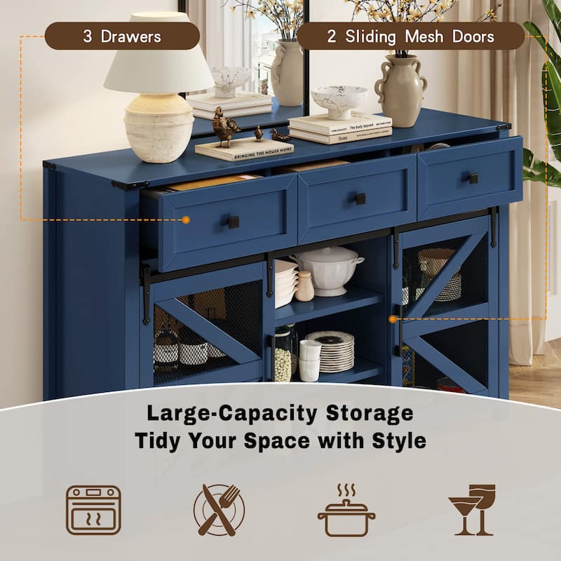 55" Sliding Barn Door Sideboard Cabinet with 3 Drawers and Adjustable Shelves