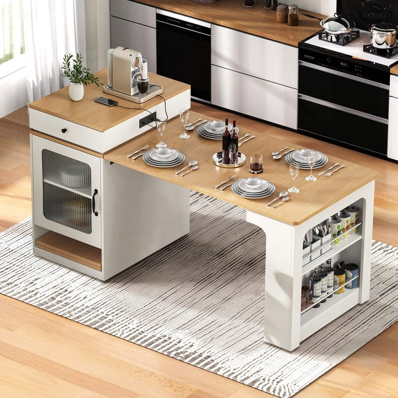 59.5" Kitchen Island with Extendable Dining Table Double-sided Storage and Built-in Power Outlet for Kitchen, Dining Room