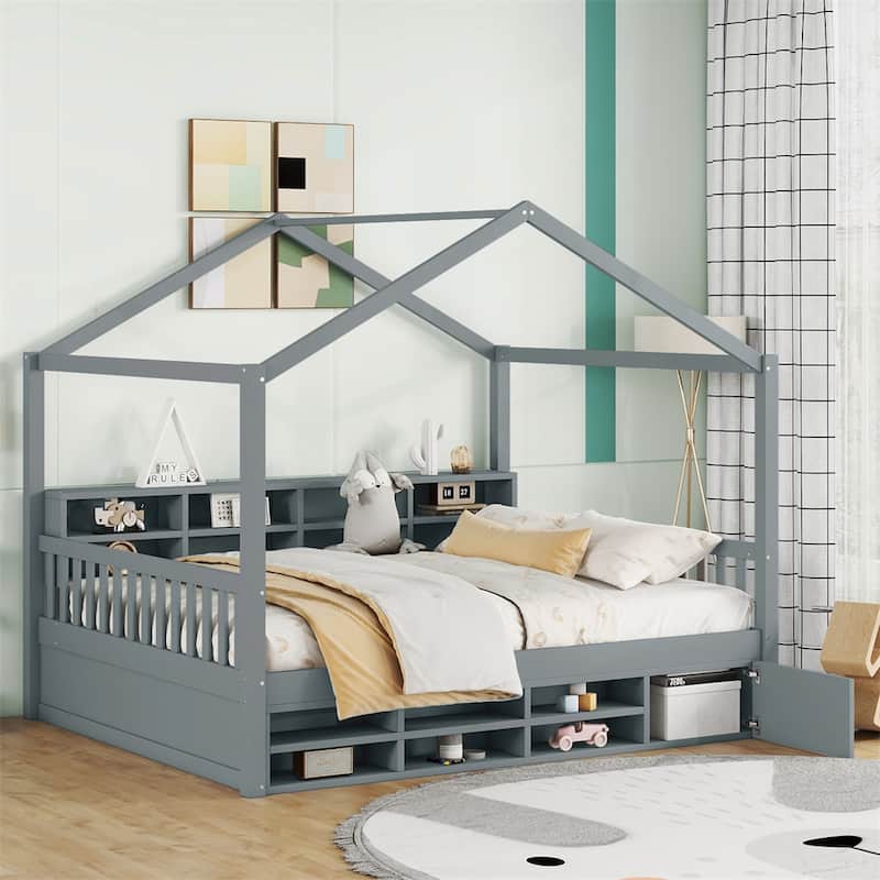 Full Size Wooden House Bed with Shelves and a Mini-cabinet