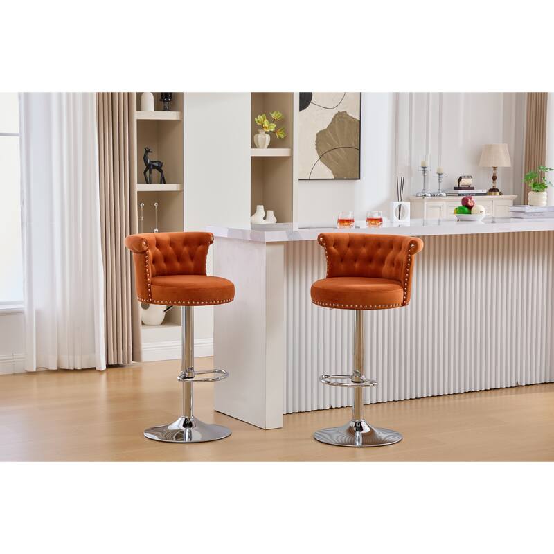 Velvet Upholstered Bar Stool Set of 2, Adjusatble Height Swivel Bar Stools, Dining Chairs with Curved Backrest & Footrest