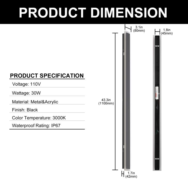 YANSUN Outdoor LED Wall Light, Rectangular Design, 3000K Warm Light, Satin Black Finish for Modern Outdoor Spaces - 3.1*1.7*43.3