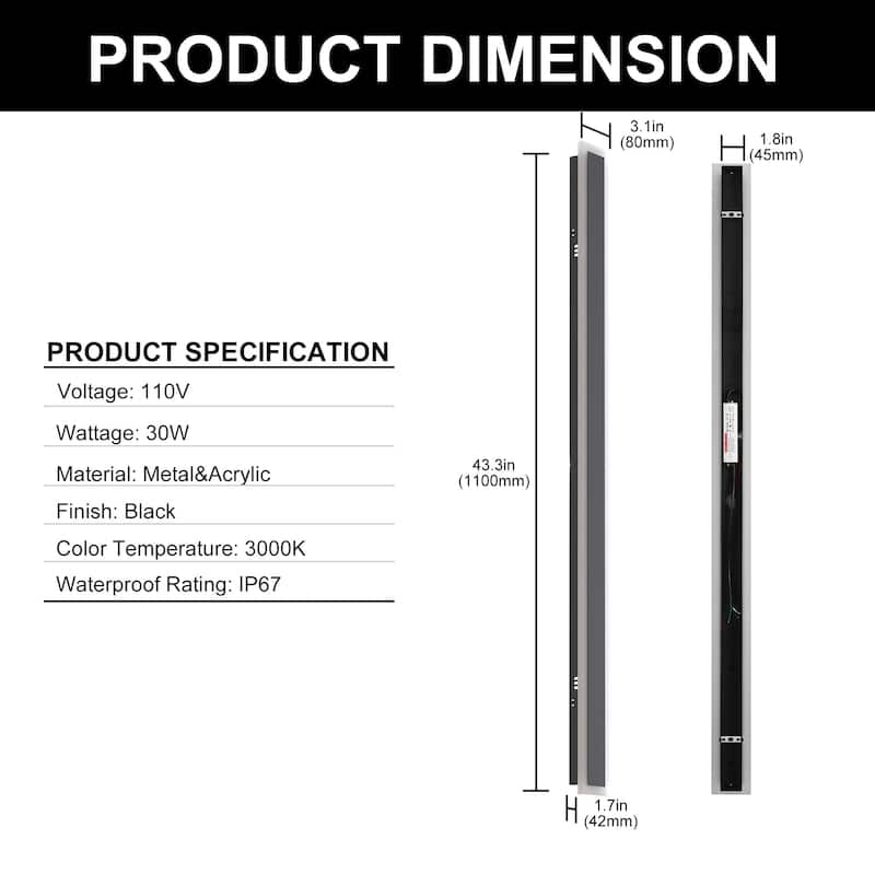 YANSUN Outdoor Wall Light, Long Rectangular Shape, 3000K Warm LED, Satin Black Finish for Stylish Exterior Décor - 3.1*1.7*43.3