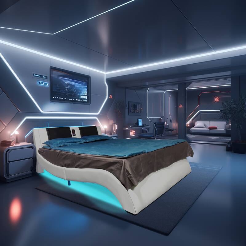 Queen Size Faux Leather Upholstered Platform Bed with led lighting