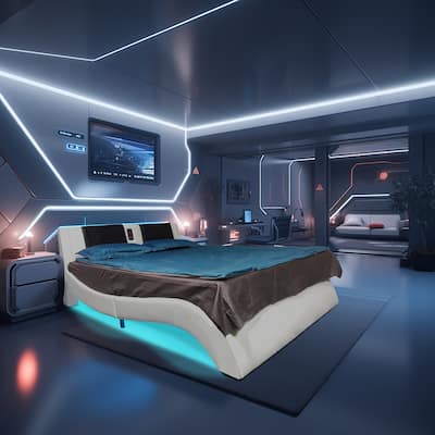 Queen Size Faux Leather Upholstered Platform Bed with led lighting