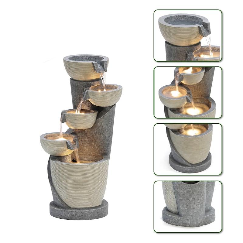 Gray Cascading Bowls and Column Resin Outdoor Fountain with LED Lights