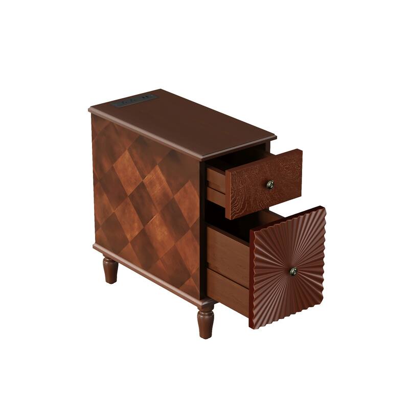 Mid-Century Modern Slim Side Table Walnut Nightstand with Charging Station and 2 Drawers for Bedroom Living Room