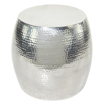 Aluminum Metal Drum Accent Table with Hammered Design - Silver - Roche River Decor - 14"W x 14"L x 16"H