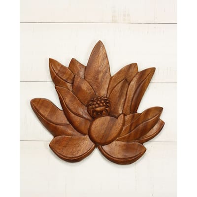 11" Wood Lotus Wall Panel - Hand Carved Decorative Flower Art, Zen Nature Wall Decor