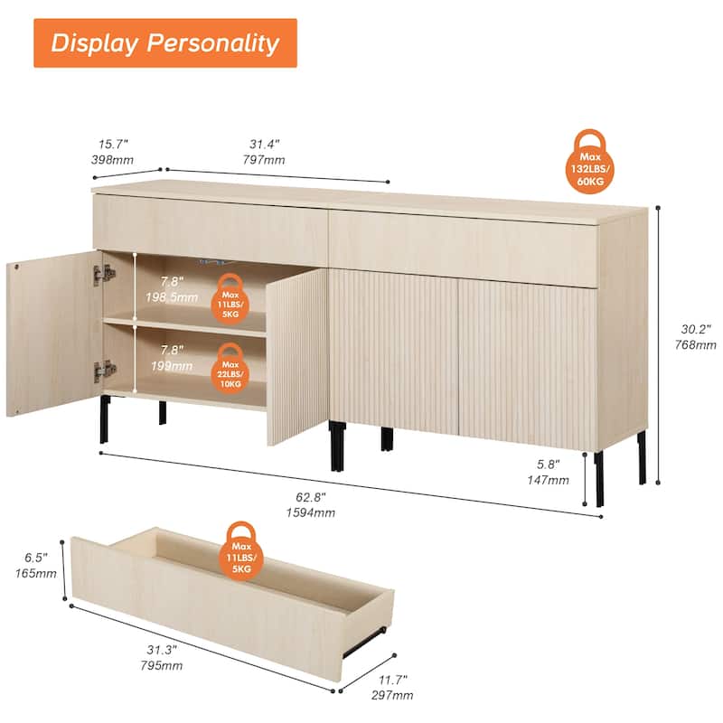 31.5" Modern Reeded TV Stand With Doors, Entertainment Center With Shelf, Wooden TV Console
