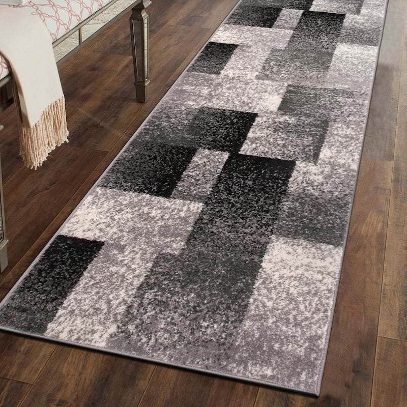 World Rug Gallery Modern Geometric Boxes Area Rug - 2' x 7' Runner - Gray - Runner/Rectangle