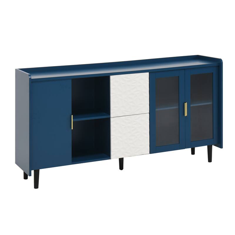 Kitchen Pantry Storage Cabinet, 55" Coffee Bar with 2 Drawers, 2 Open Storage Compartment & 2 Glass Doors, Wood Buffet Table